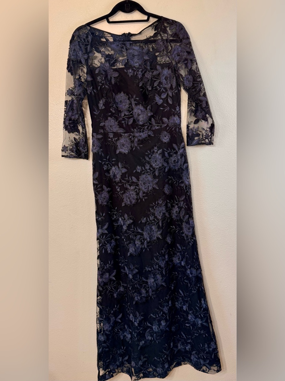Ralph Lauren Navy and Lilac Floral Lace Long-Sleeve Gown
